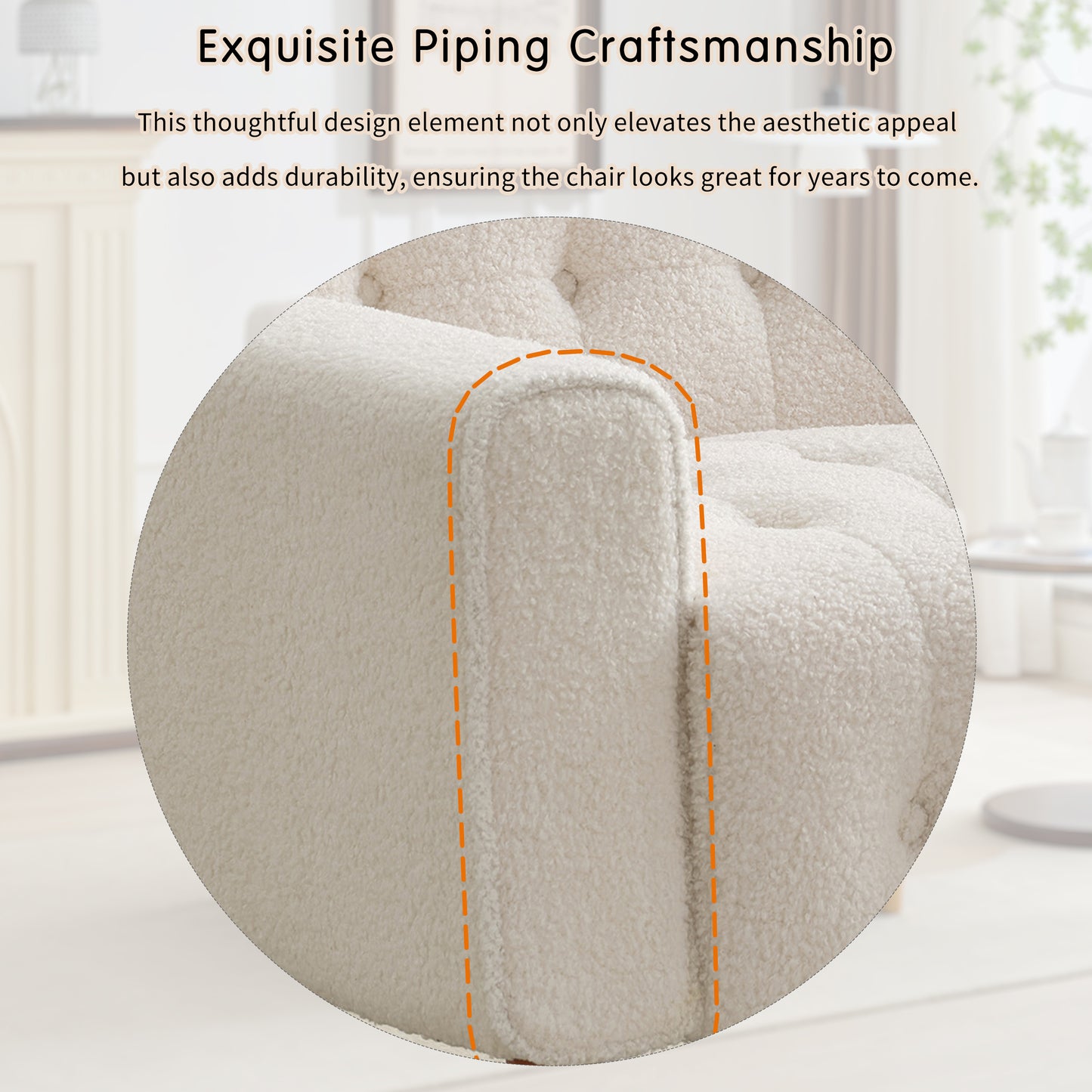 Cream teddy fabric armchair armrest with detailed piping for enhanced durability and style