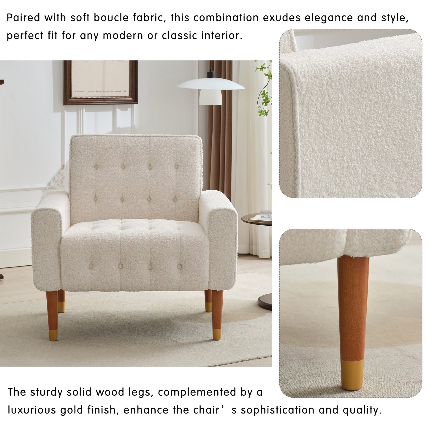 Cream boucle fabric armchair with tufted back and goldtipped wooden legs