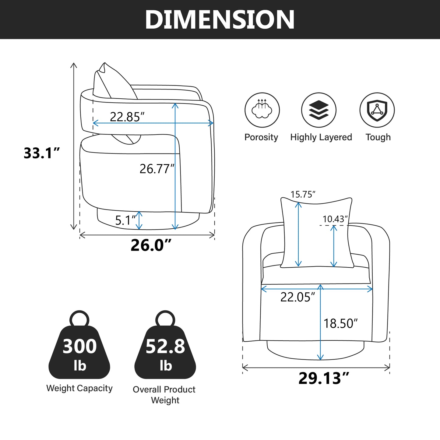 Diagram of swivel chair dimensions height width depth