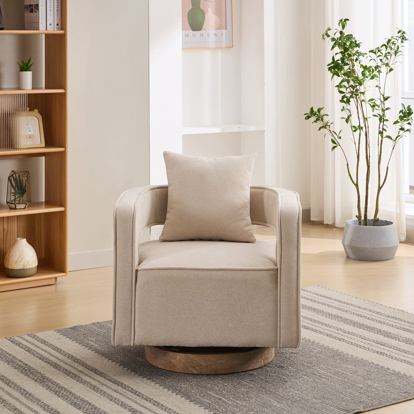 Comfortable beige upholstered swivel chair with tufted back perfect for living room relaxation