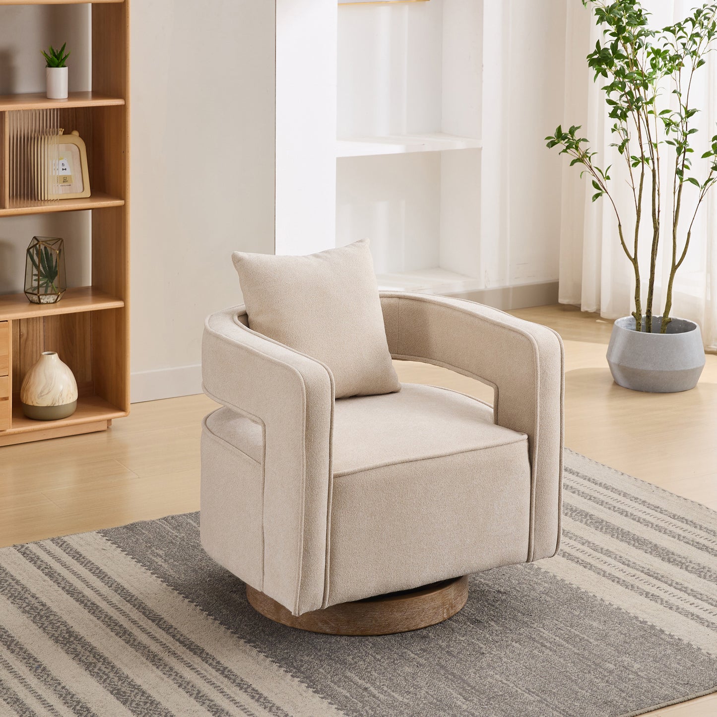 Beige upholstered swivel chair with modern armrests and a comfortable cushion on a striped rug