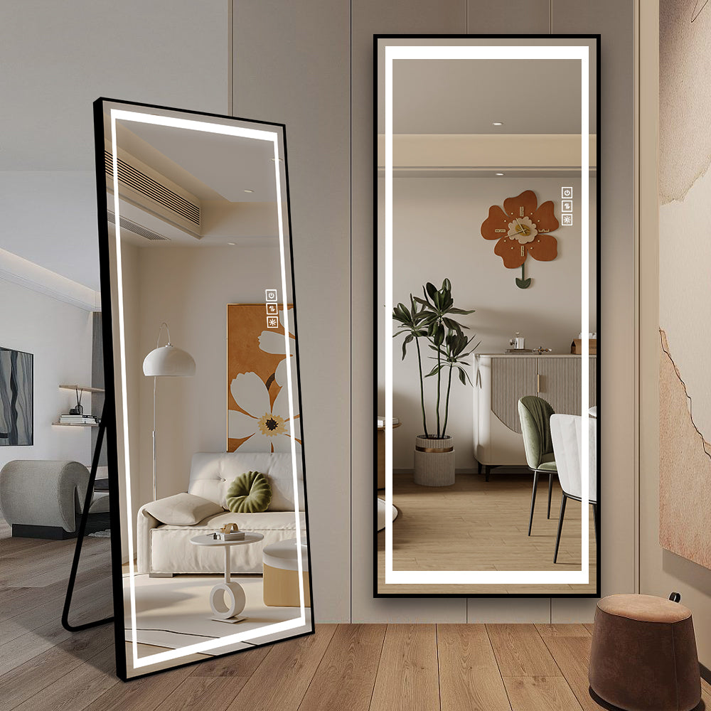 Tall black framed LED floor mirror with adjustable stand perfect for dressing rooms