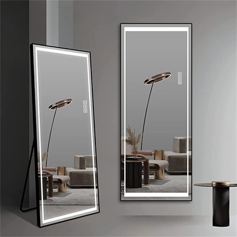 Fulllength LED standing mirror with touch controls sleek black frame ideal for dressing rooms