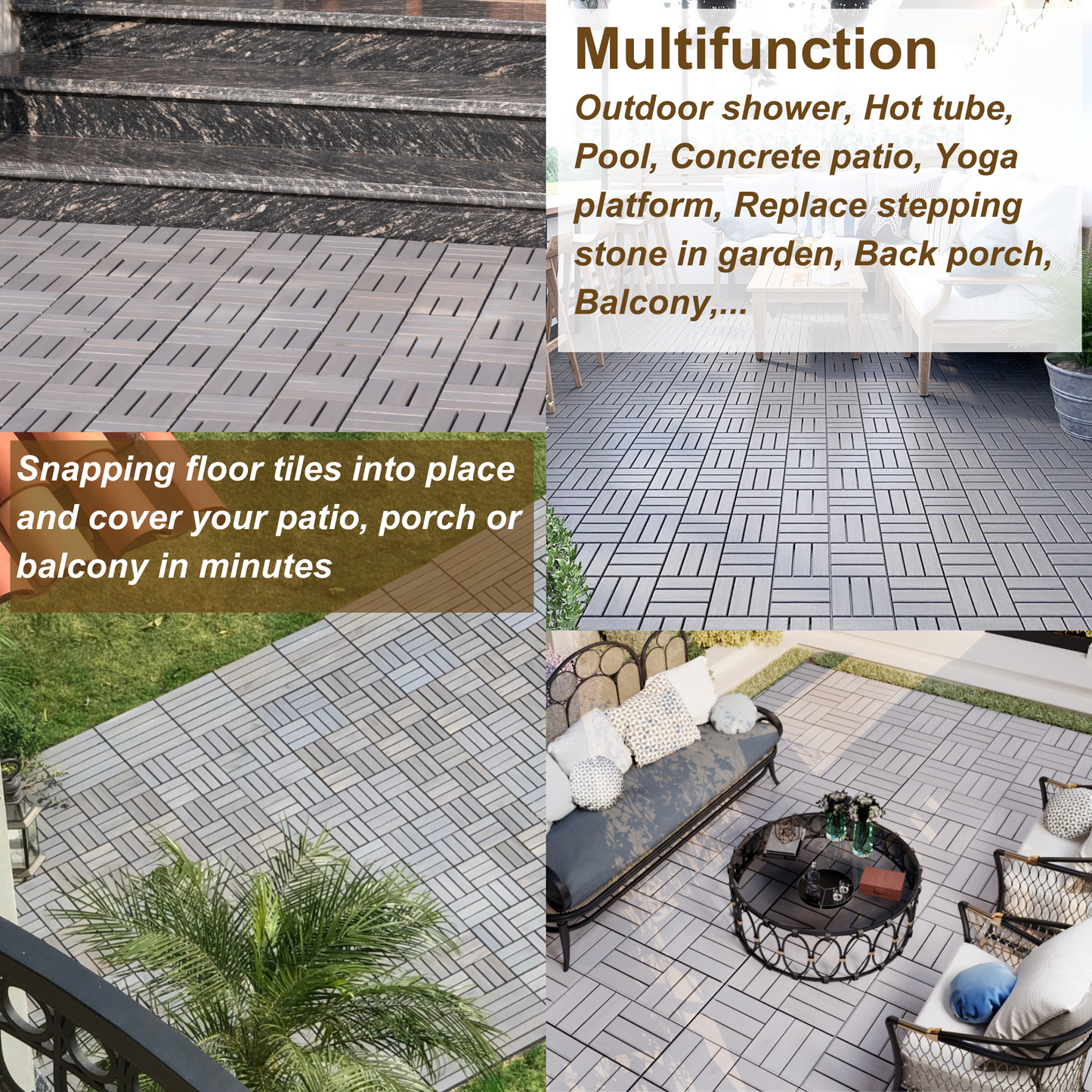 Grey interlocking deck tiles with a wood grain texture perfect for patios