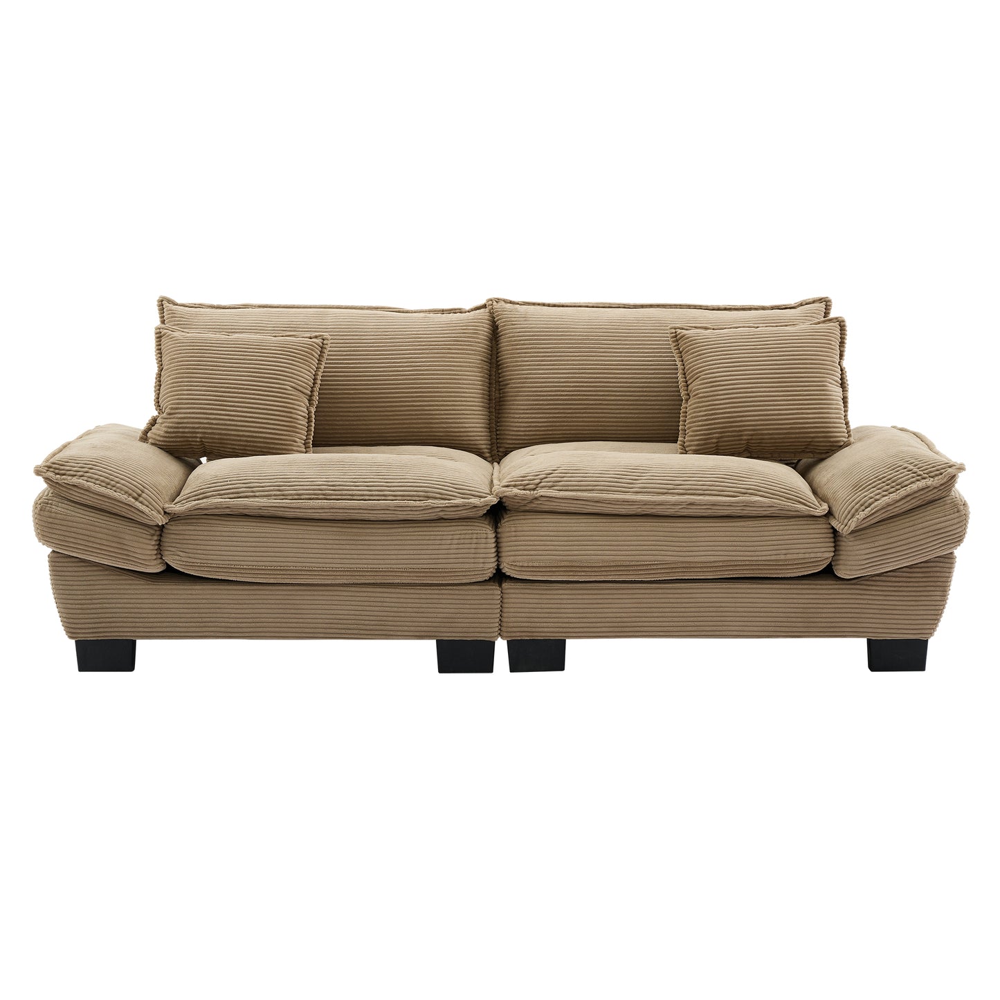Brown corduroy sofa with plush cushions and black legs modern living room furniture