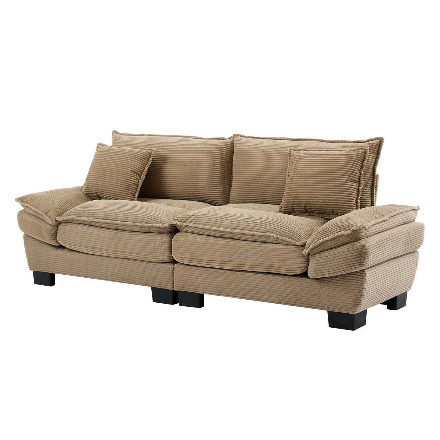 Beige corduroy sofa with plush cushions and throw pillows modern living room furniture