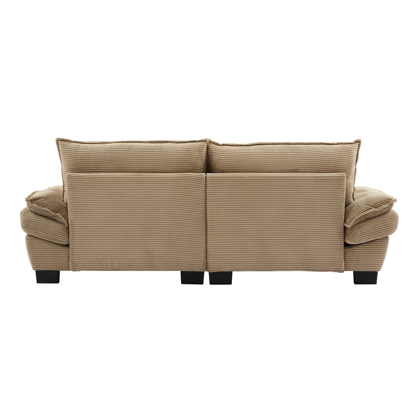Back view of a plush beige corduroy sofa with deep tufting and black legs ideal for a cozy living room