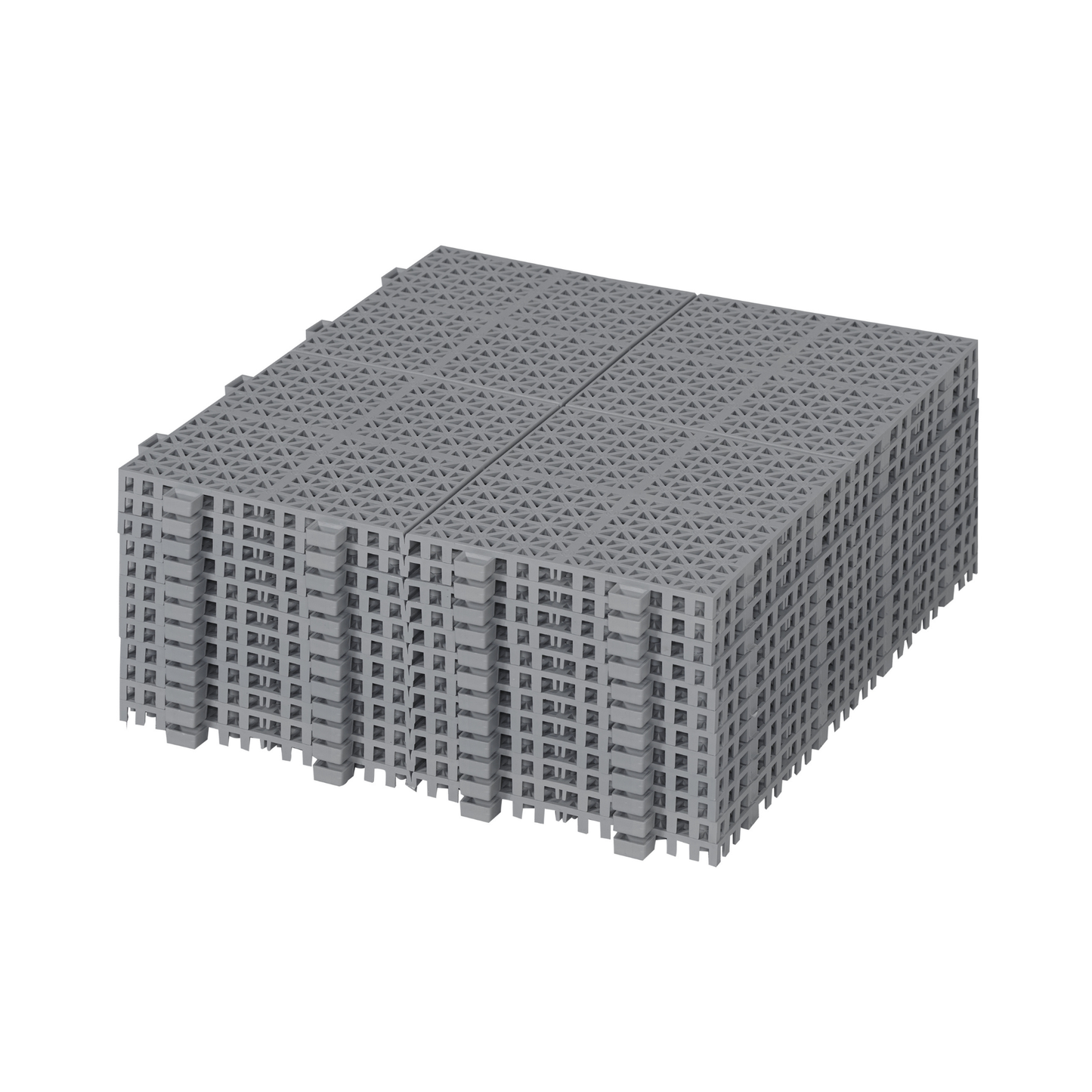 Stack of grey interlocking drainage tiles for landscaping and construction projects