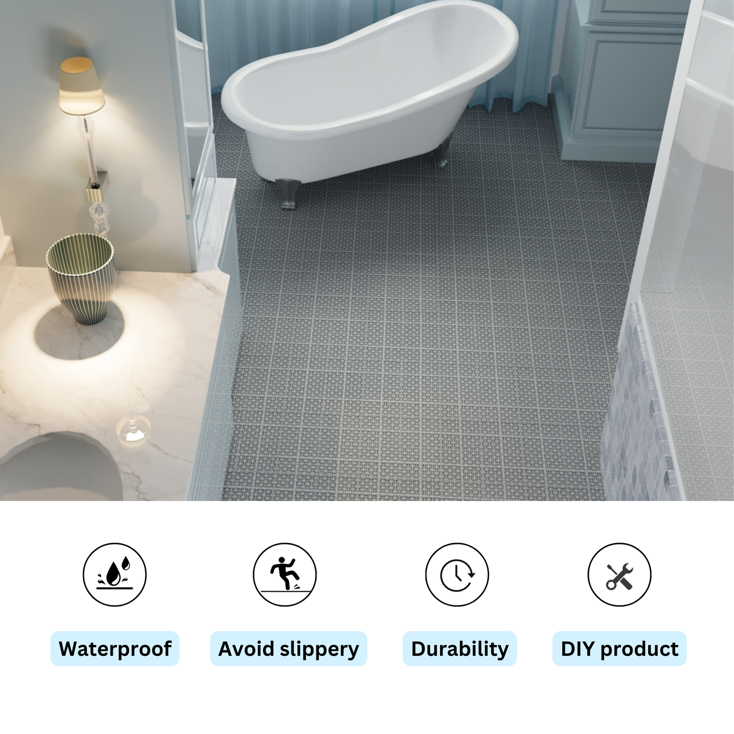 Grey geometric tile flooring for a modern bathroom with a clawfoot tub
