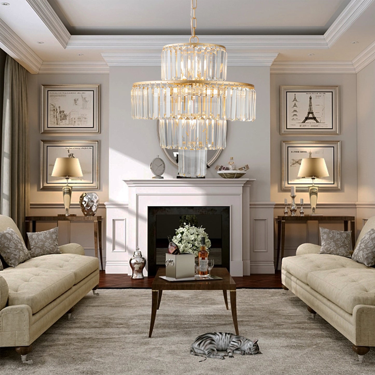 Elegant gold and crystal tiered chandelier illuminating a luxurious living room setting