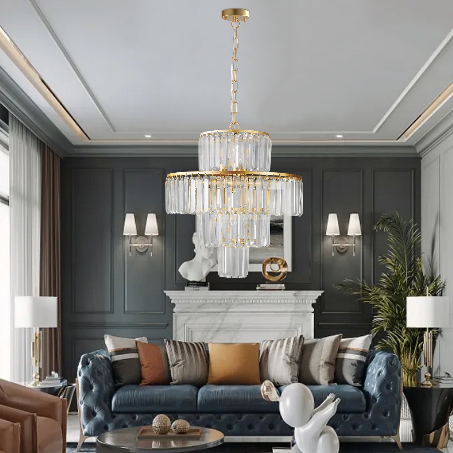 Elegant gold and crystal tiered chandelier modern dining room lighting