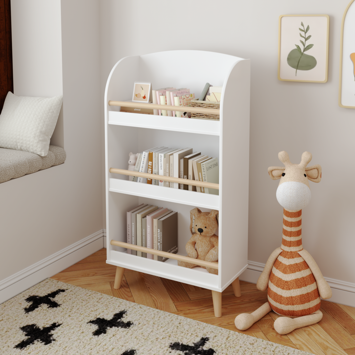White wooden kids bookshelf with three shelves featuring light oak accents and angled legs for storage