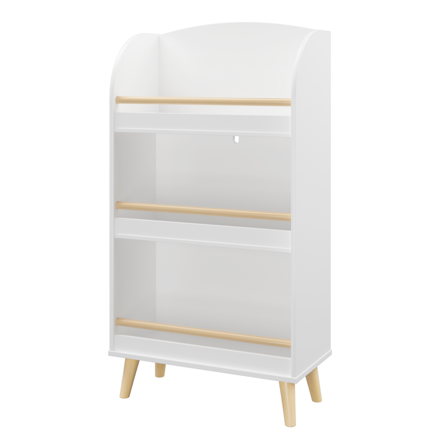 White modern bookshelf with three tiers and wooden dowels for book display