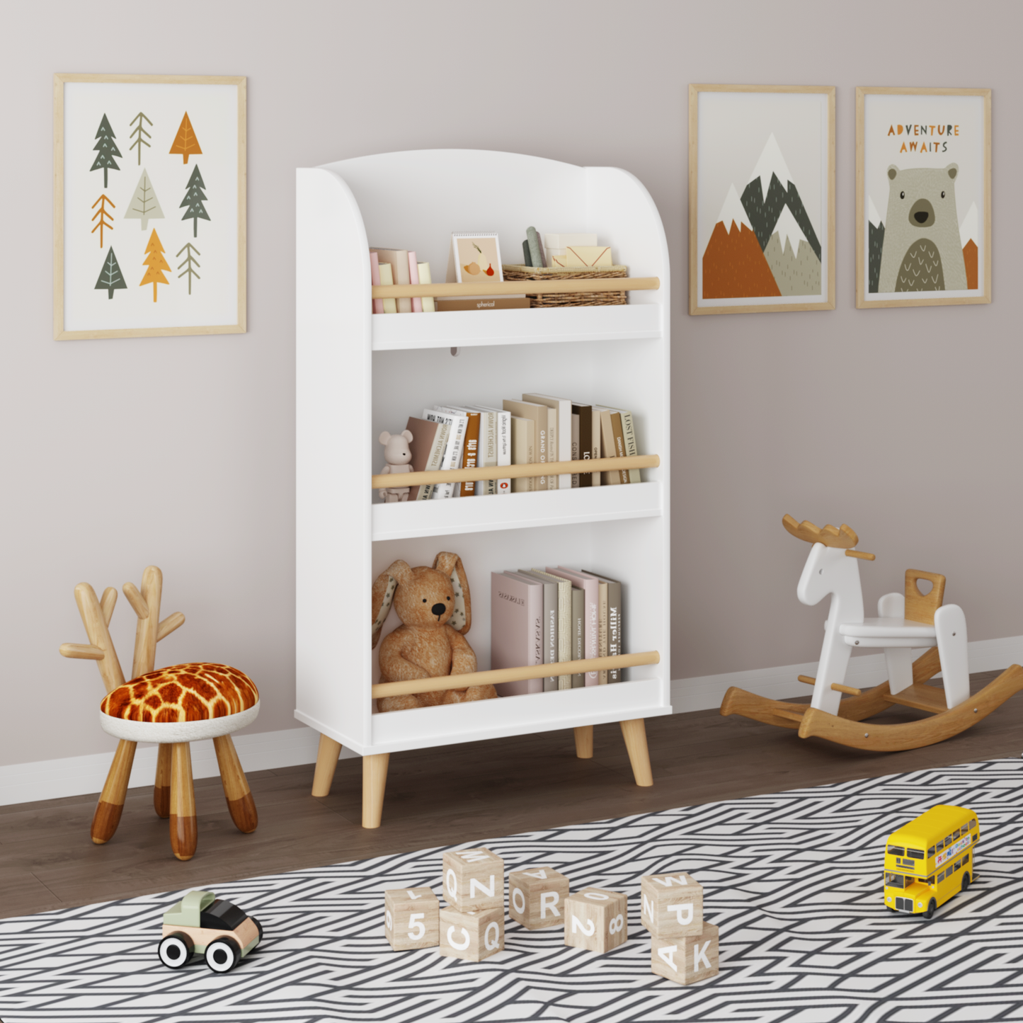 Modern white childrens bookshelf with curved top and wooden accents for toy storage