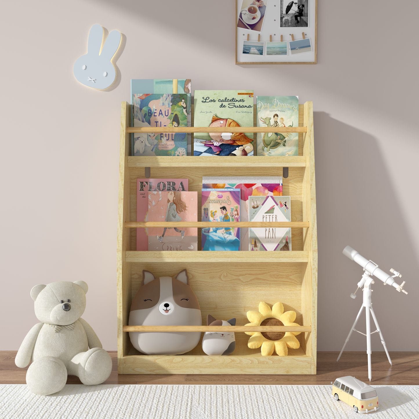 Childrens wooden bookshelf filled with colorful storybooks for kids