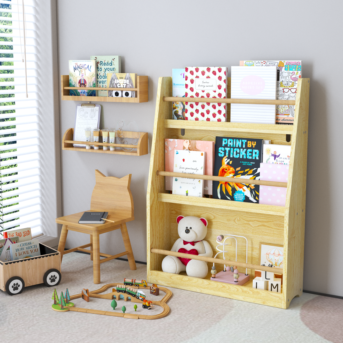 Childrens wooden bookshelf with colorful storybooks and educational toys