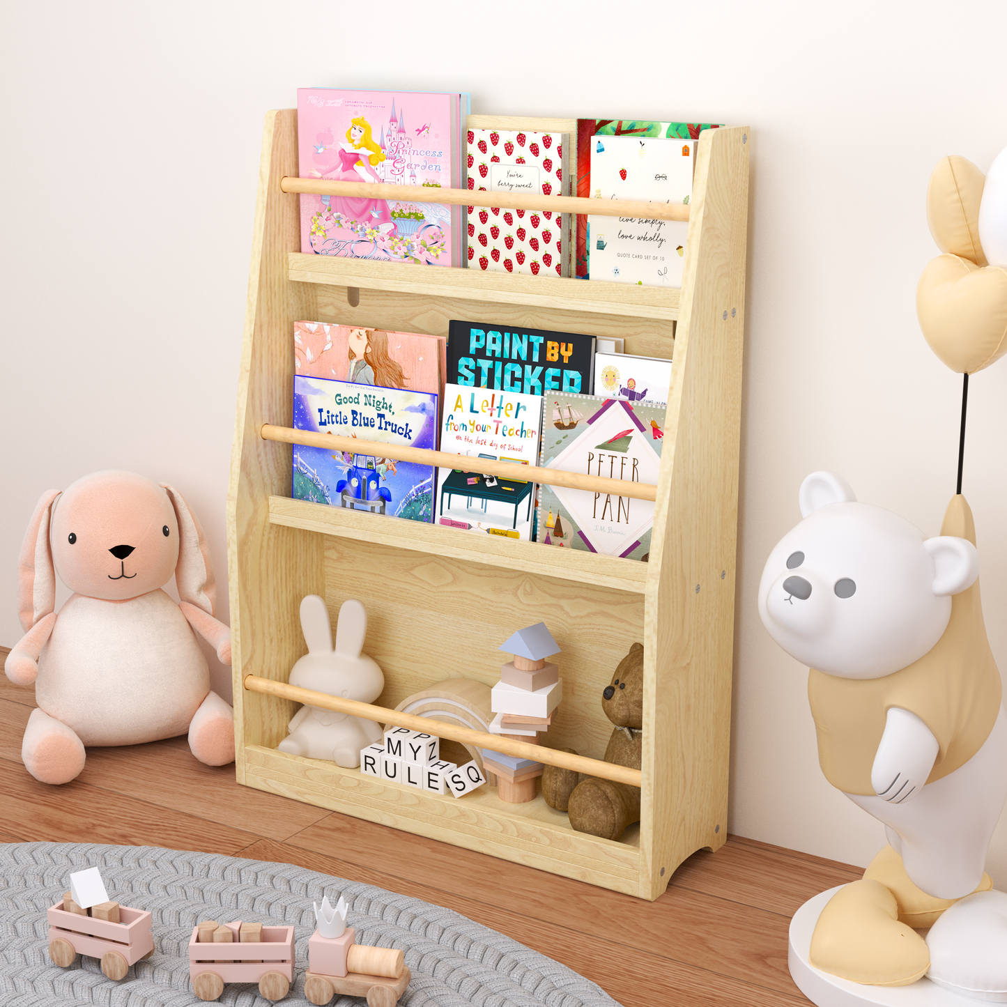 Wooden toddler bookshelf filled with colorful childrens books and stuffed animals