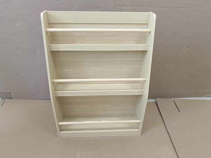 Natural wood fourtier childrens bookshelf with rounded edges for safety
