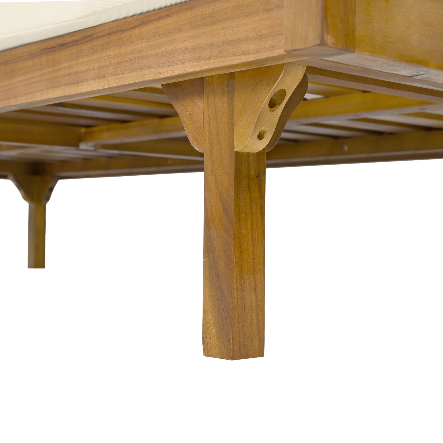 Teak wood patio chair legs with visible grain detail and slatted support