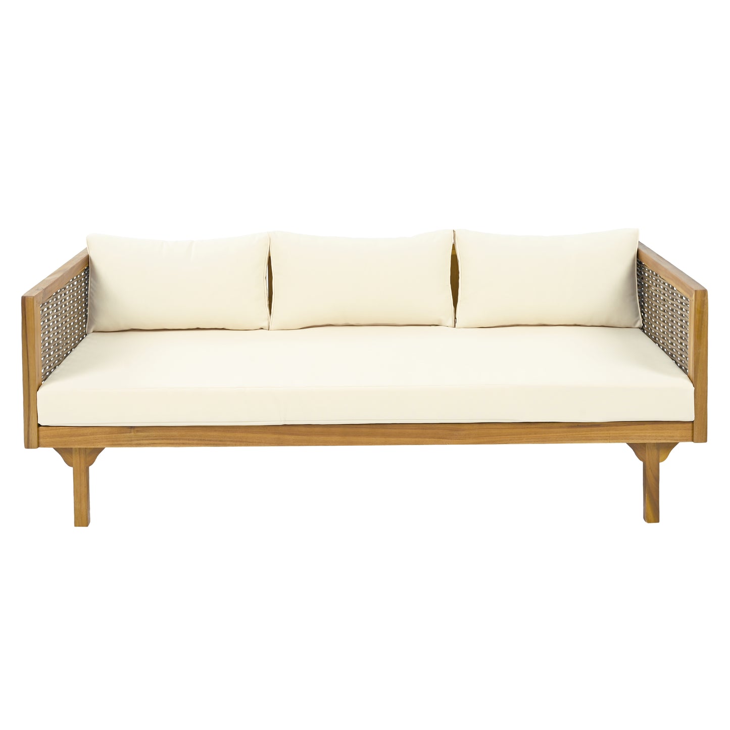 Natural wood outdoor daybed with cream cushions and woven sides for patio relaxation
