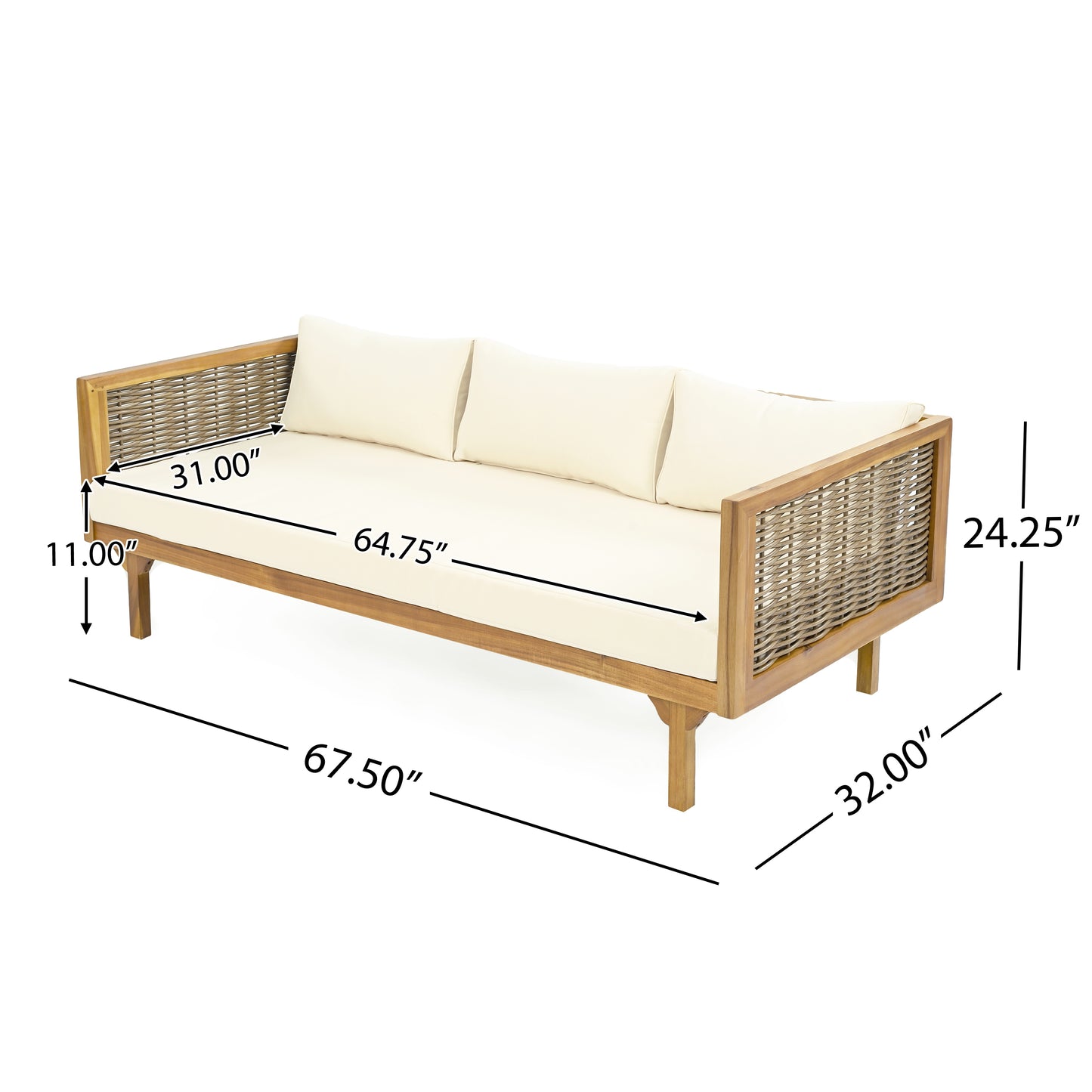 Acacia wood and rattan sofa with cream cushions perfect for modern outdoor seating