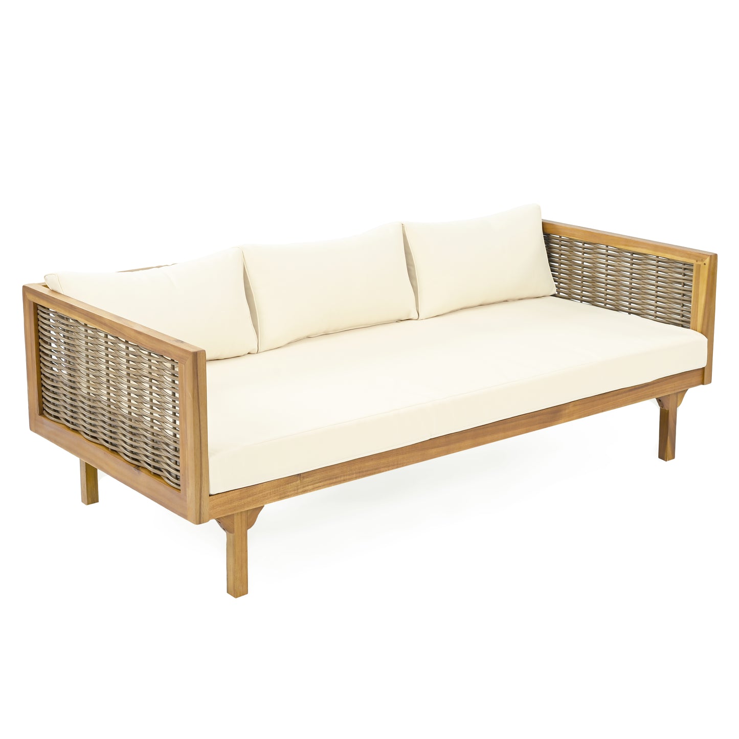 Teak wood and rattan outdoor daybed with cream cushions modern design for patios