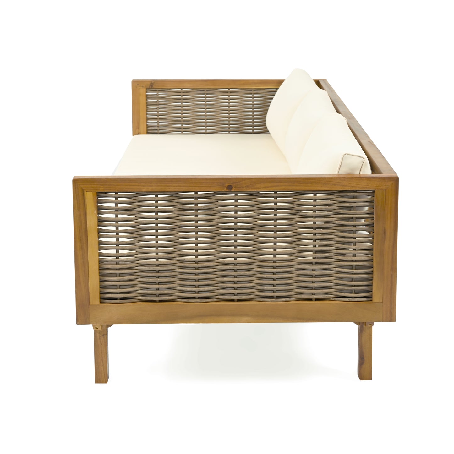 Modern teak and grey rattan outdoor sofa with beige cushions for a patio oasis