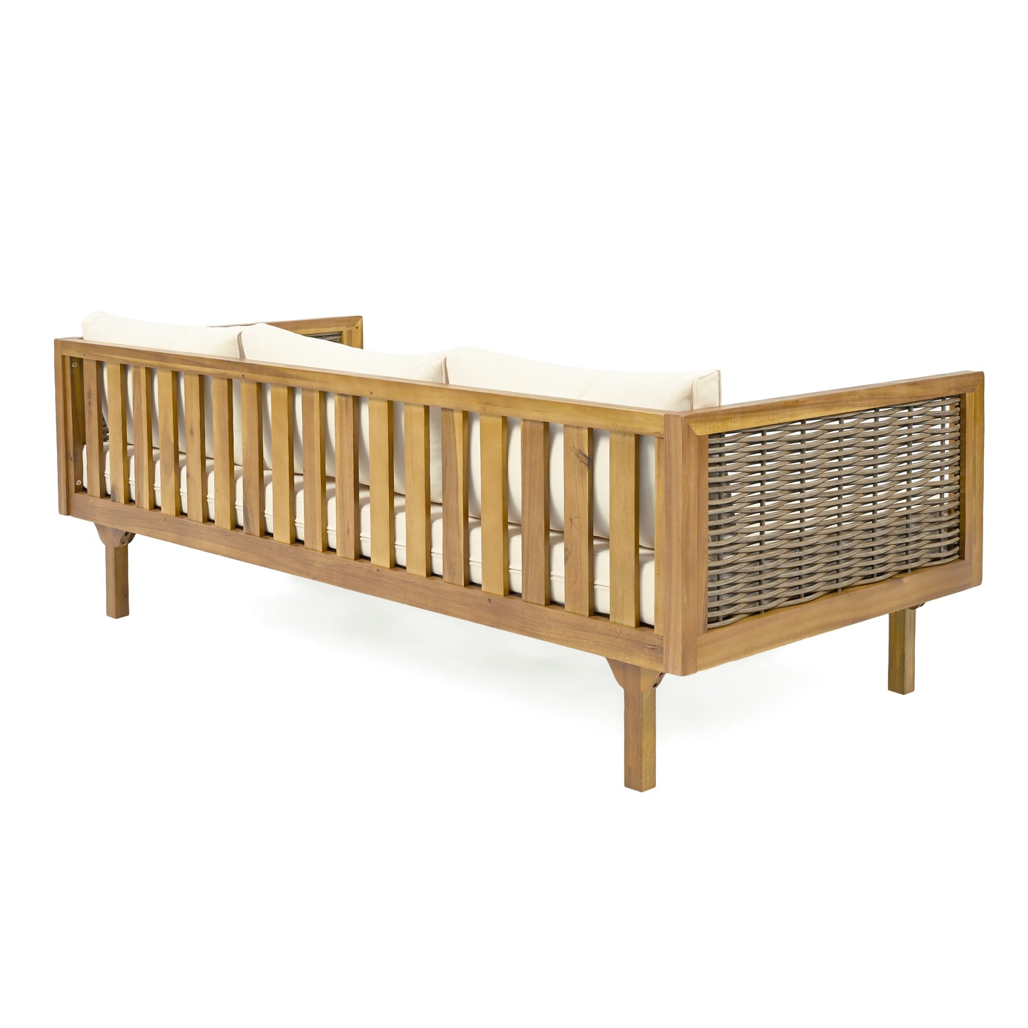Wooden outdoor sofa with slatted back and woven panel cream cushions