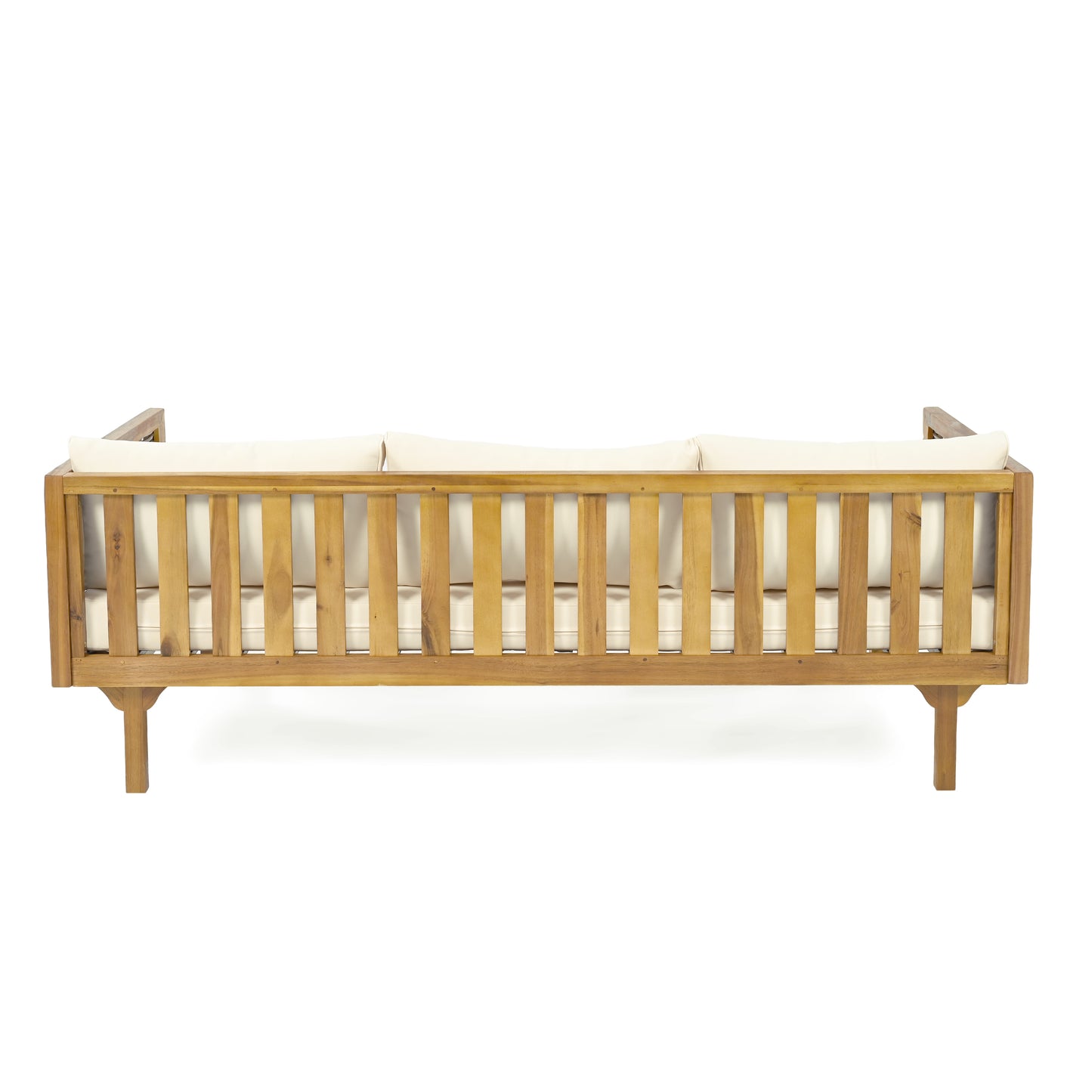 Natural wood outdoor sofa with cream cushions and slatted backrest ideal for patios