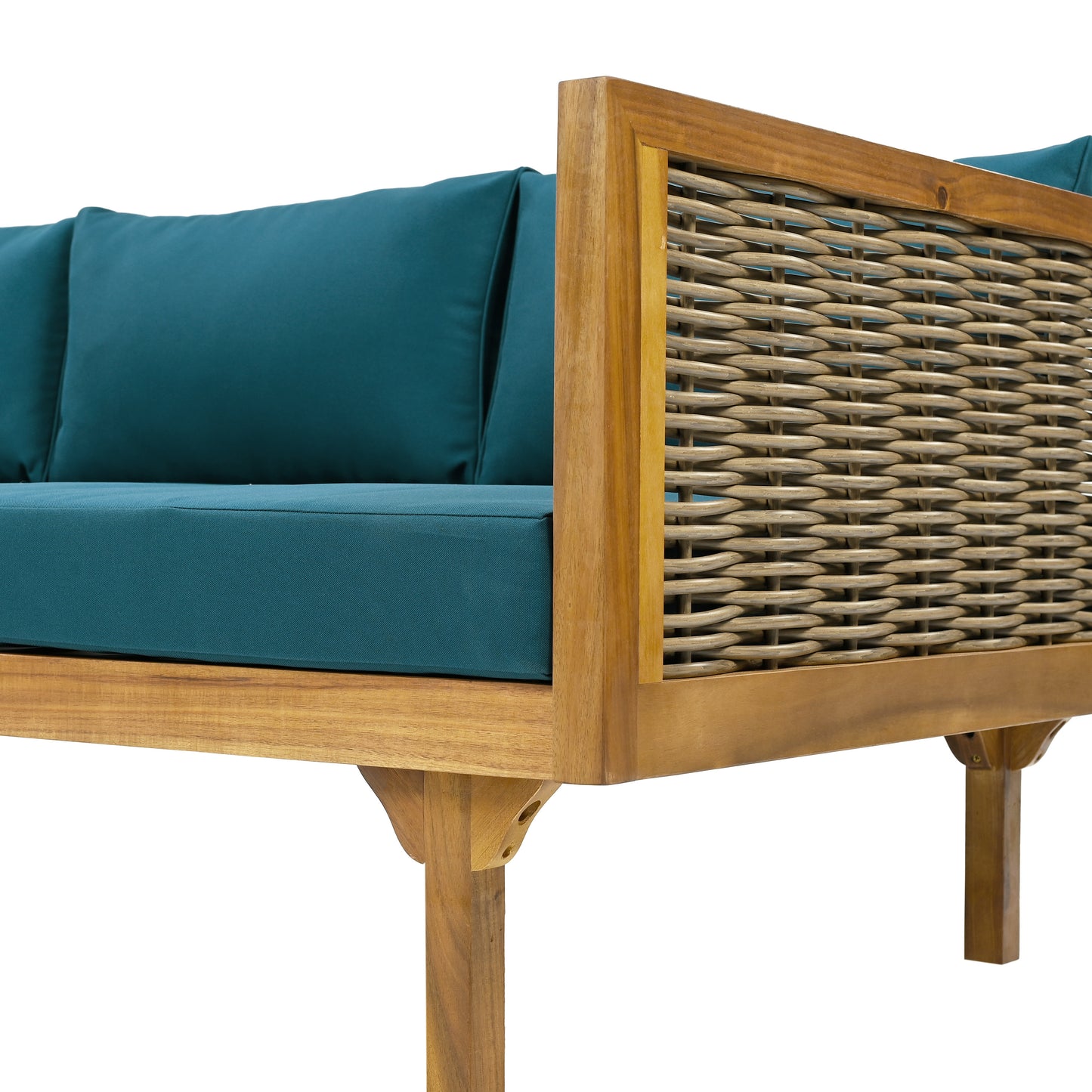 Teak and rattan outdoor sofa with plush teal cushions perfect for patio seating