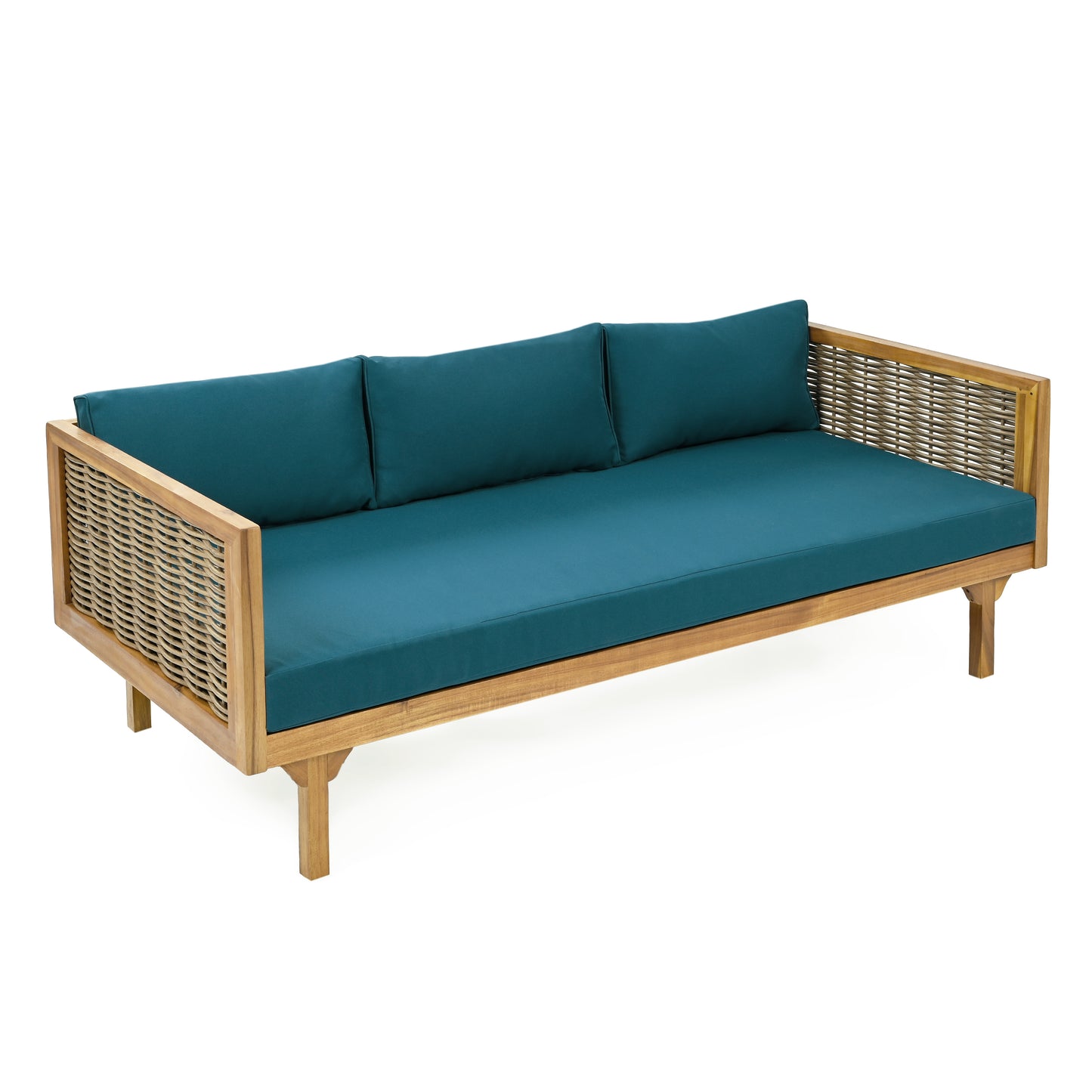 Teak wood daybed with woven rattan arms and teal cushions