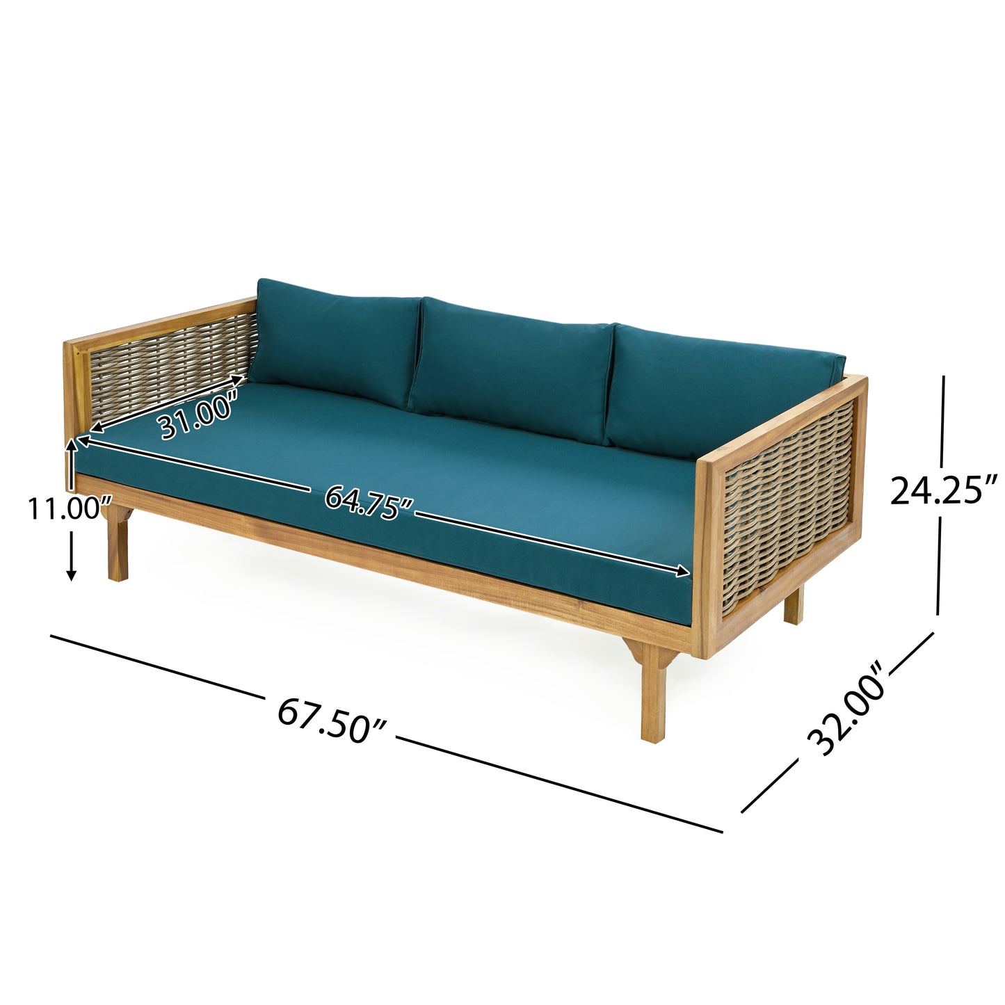 Teak wood outdoor daybed with woven sides and teal cushions