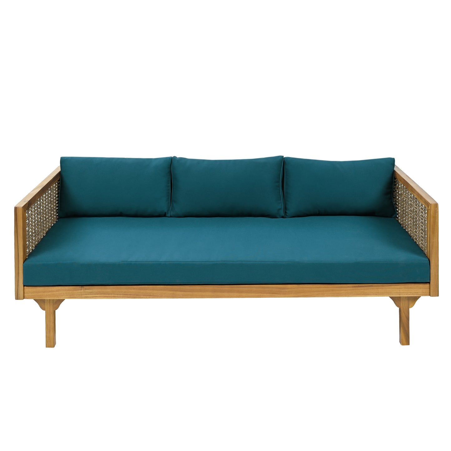 Teak wood outdoor sofa with woven sides and deep teal cushions perfect for patios