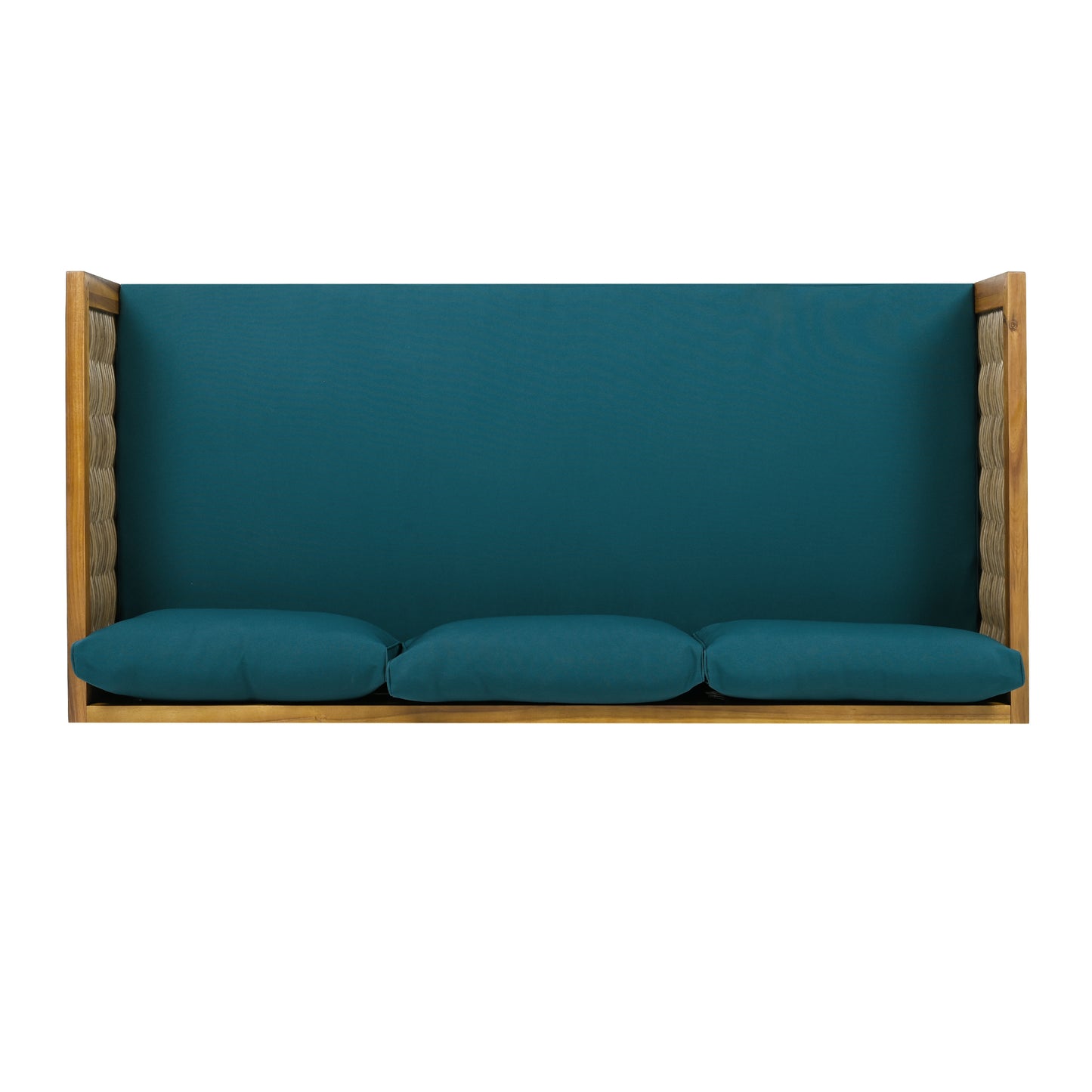 Teal cushioned threeseater wooden outdoor bench with woven side accents