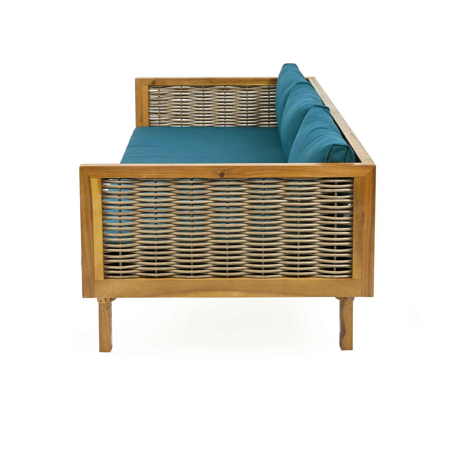 Teak wood sofa with woven rattan sides and teal cushions perfect for patio seating