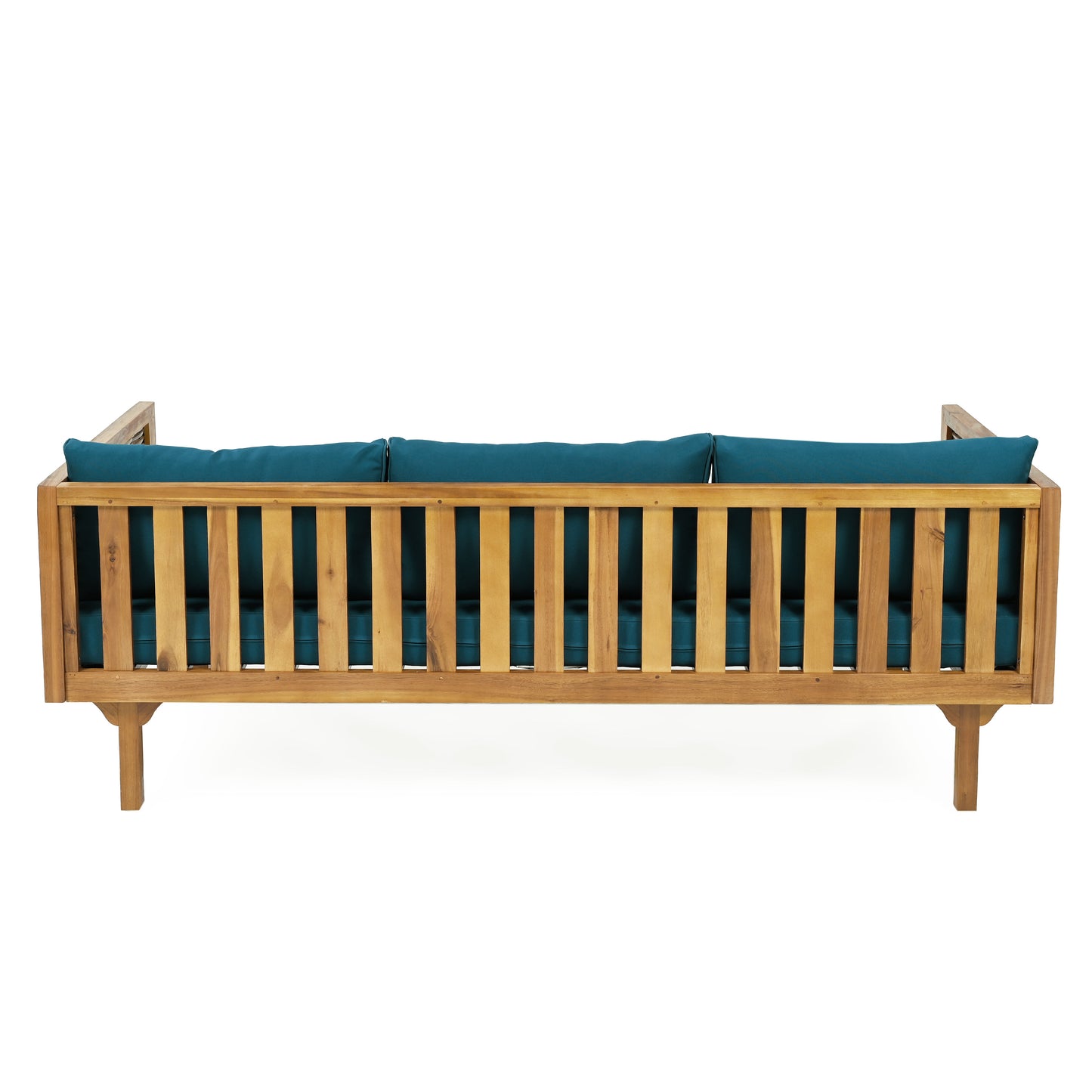 Modern wooden outdoor sofa with teal cushions featuring a slatted back design for patio seating