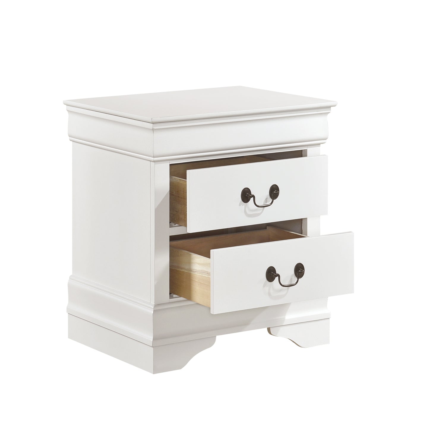 White twodrawer nightstand with ornate bronze pulls