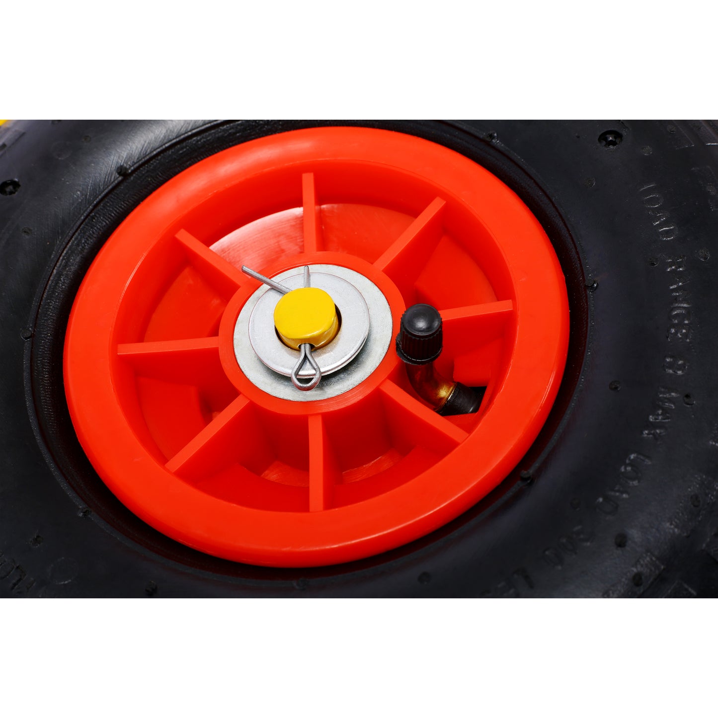 Black pneumatic wheel with bright orange plastic rim and valve stem