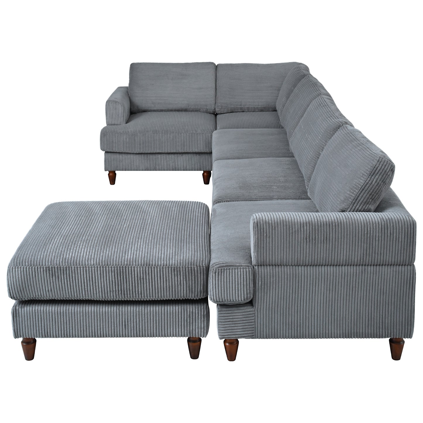 Gray corduroy sectional sofa with ottoman and wooden legs perfect for living rooms
