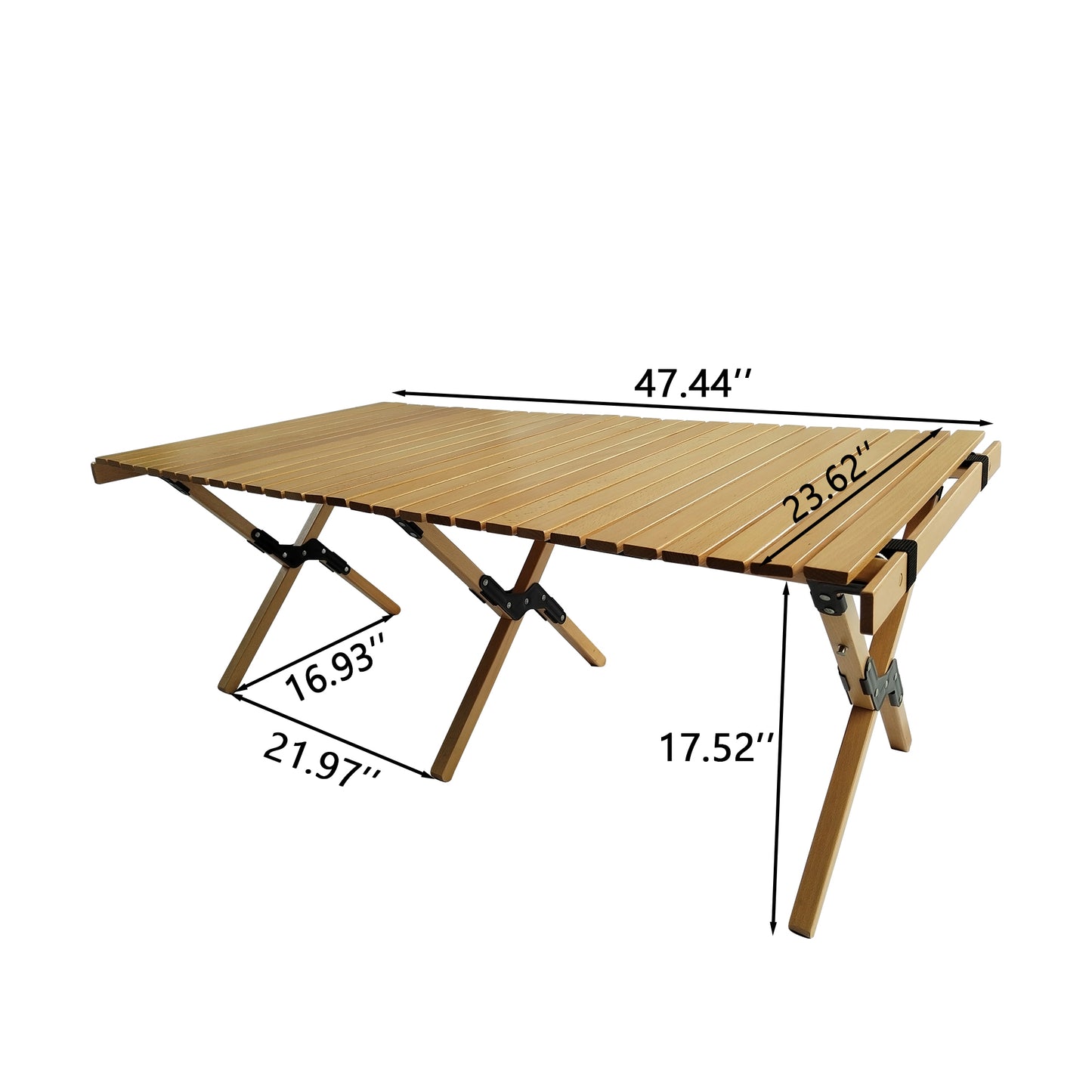 Lightweight foldable wooden camping table with slatted top and Xframe legs for outdoor use
