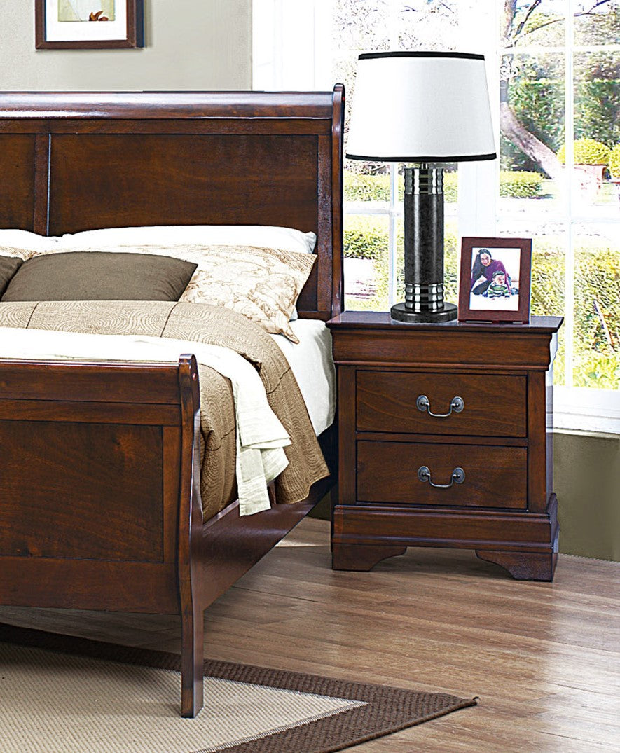 Dark brown wood sleigh bed frame with white and brown bedding