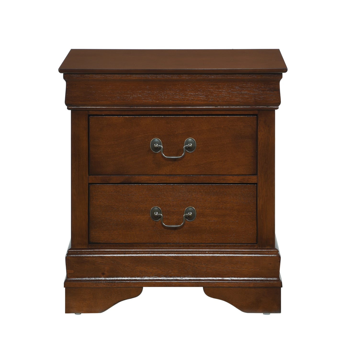 Rich brown wood twodrawer nightstand with ornate metal drawer pulls