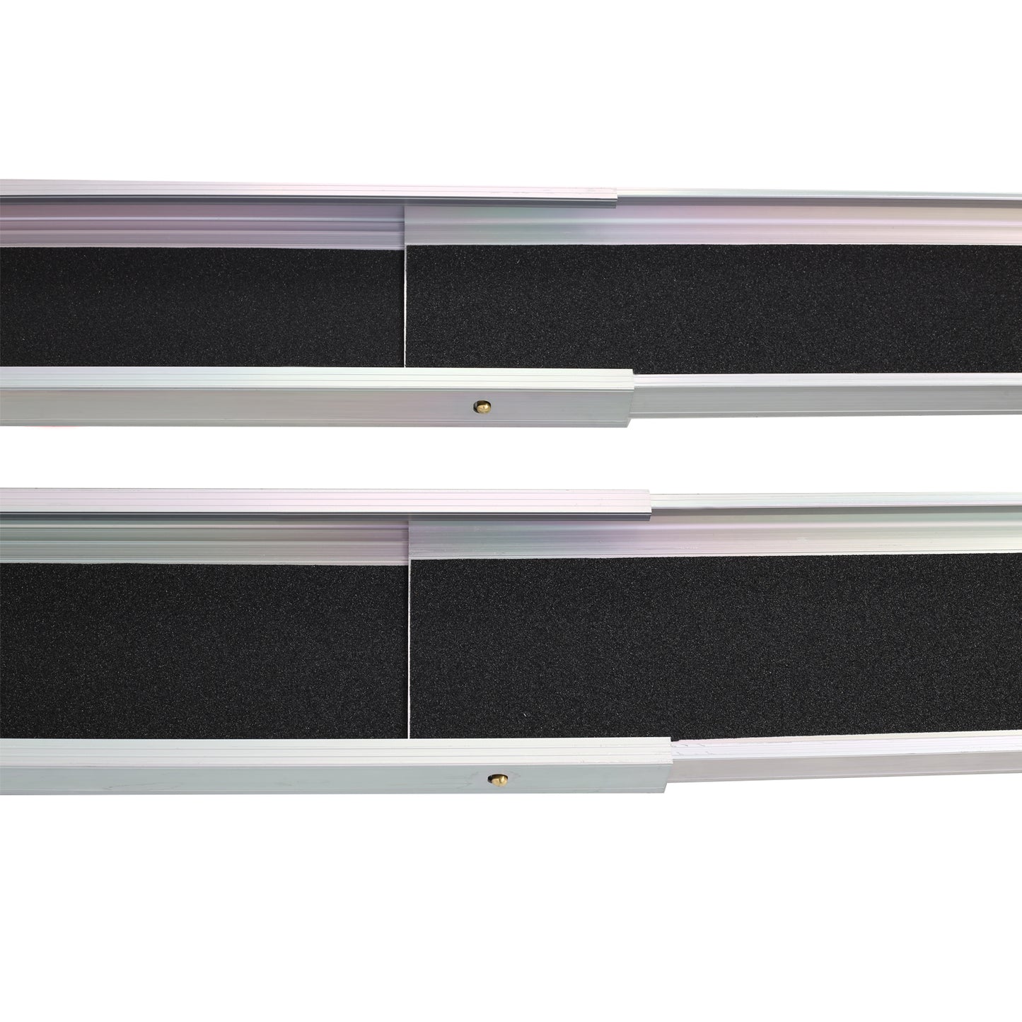 Silver aluminum portable ramp with black nonslip surface for wheelchairs