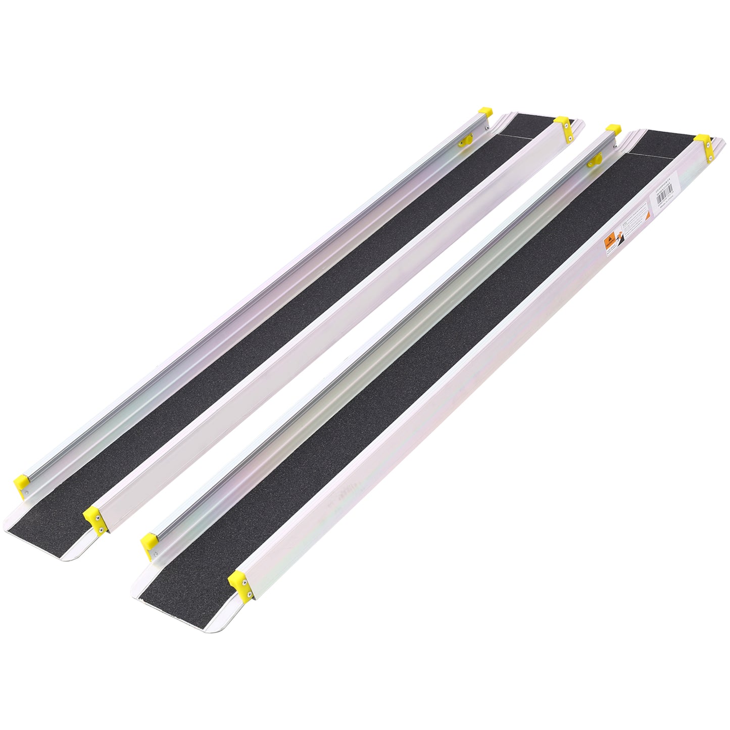 Pair of portable aluminum ramps with black antislip treads and yellow safety grips