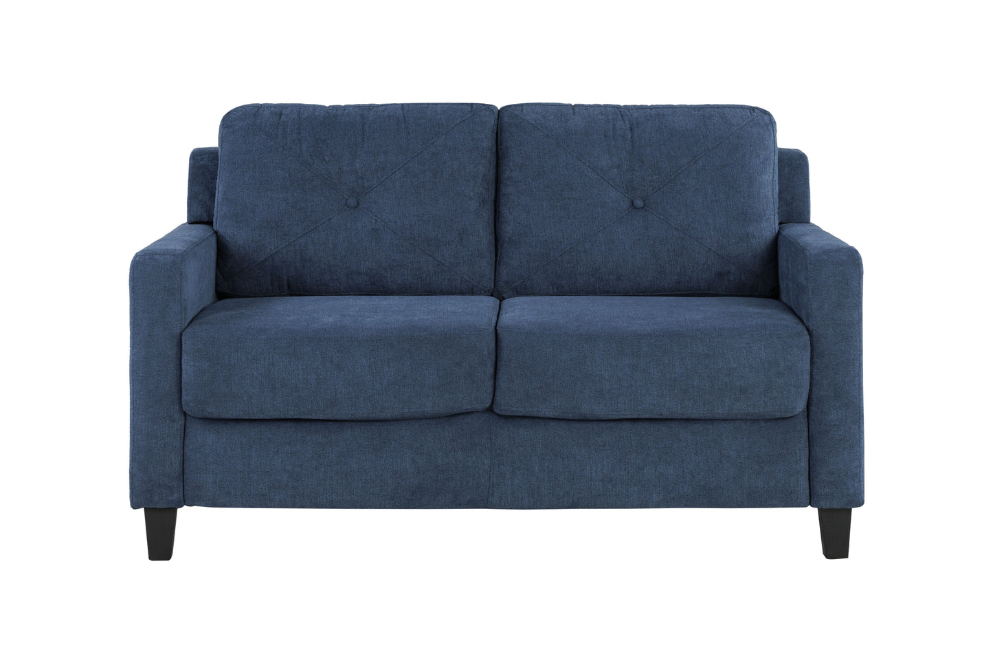 Navy blue upholstered loveseat with tufted back cushions and tapered black legs