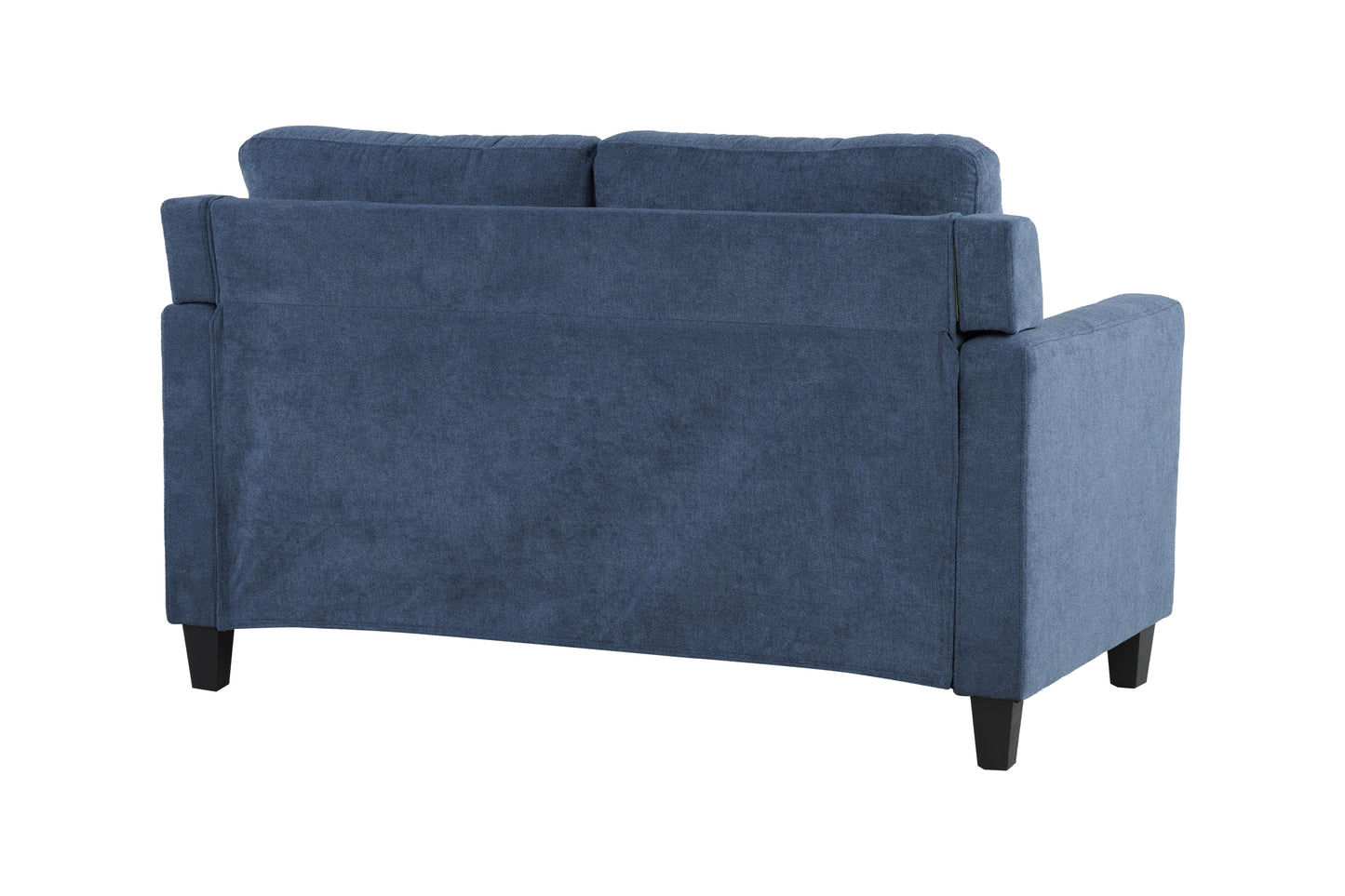 Back view of a navy blue fabric loveseat with dark wood legs