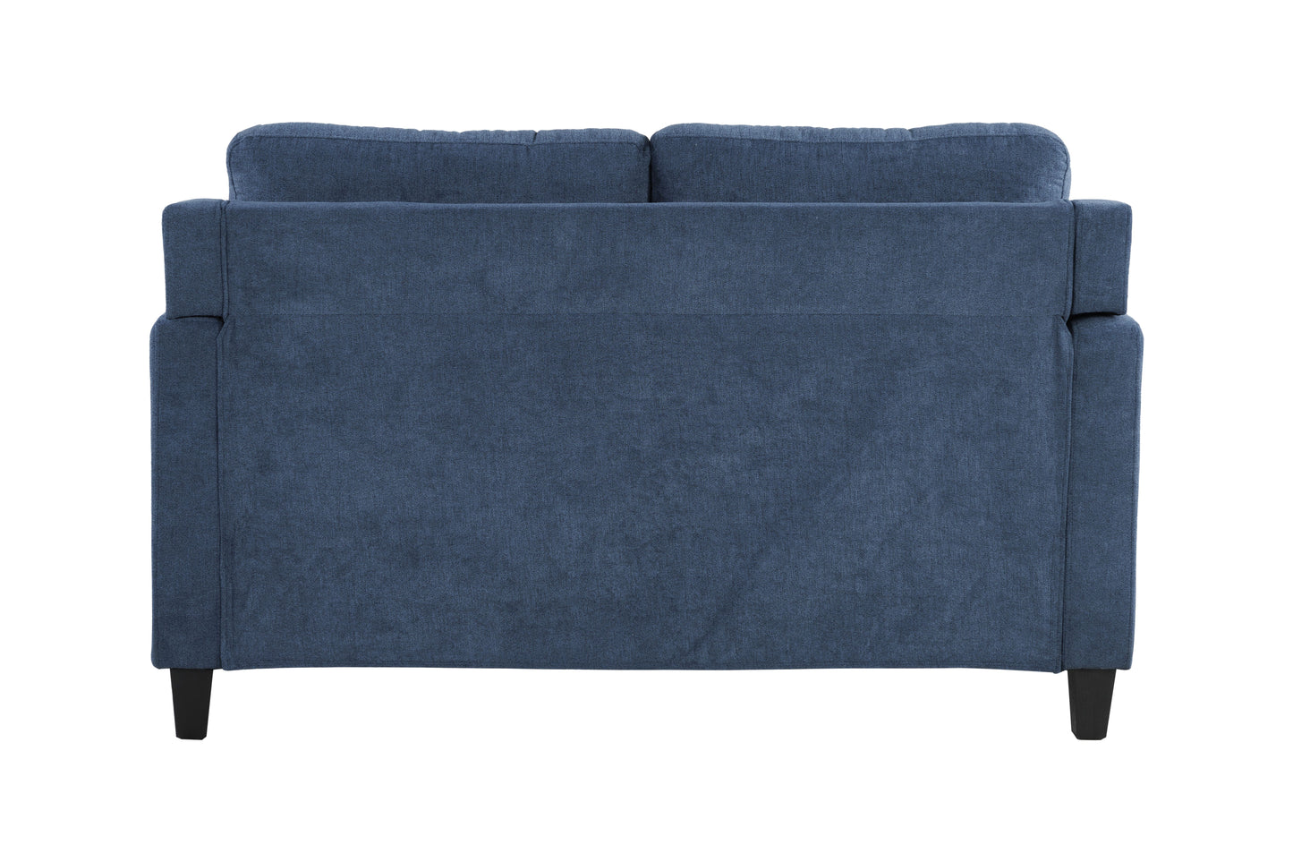 Back view of a modern navy blue fabric sofa with plush cushions and dark wooden legs