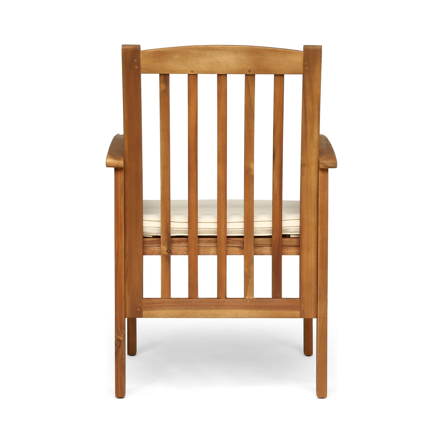 Solid wood patio chair with slatted back and a lightcolored cushion