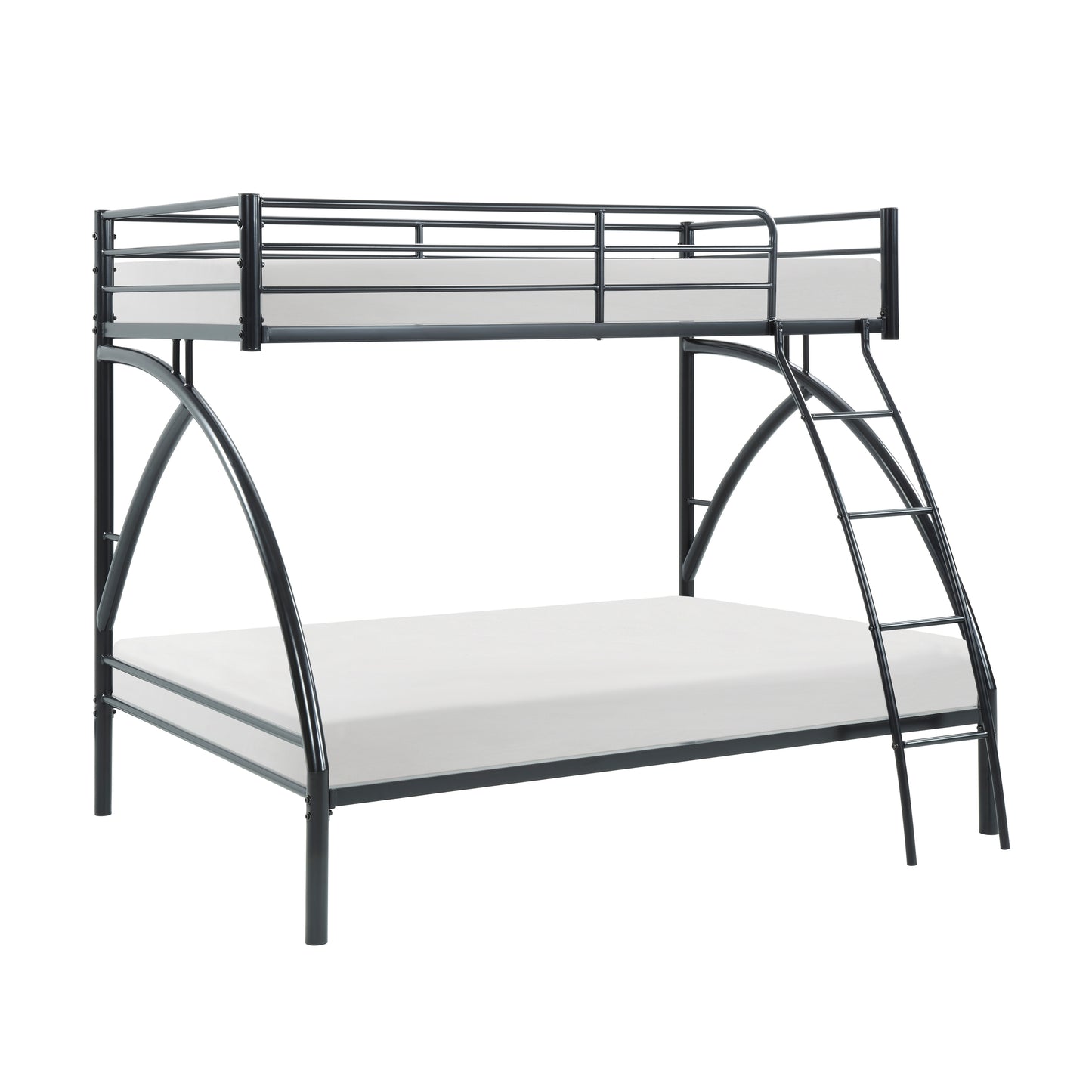 Black metal twin over twin bunk bed with white mattresses and integrated ladder