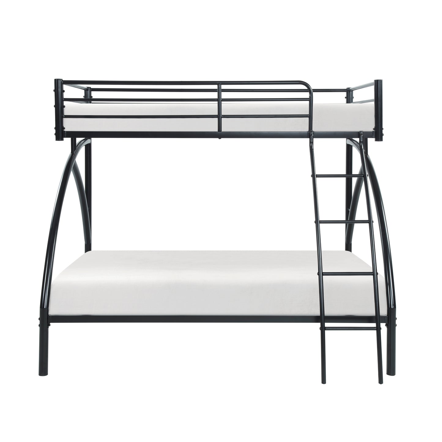 Black metal twin over twin bunk bed with white mattresses and a ladder